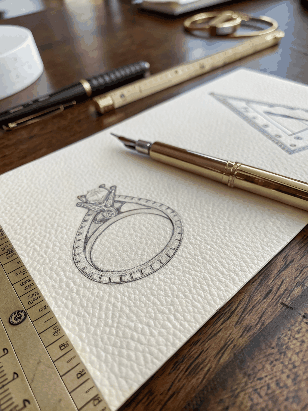Master artisan sketching and setting a custom solitaire engagement ring