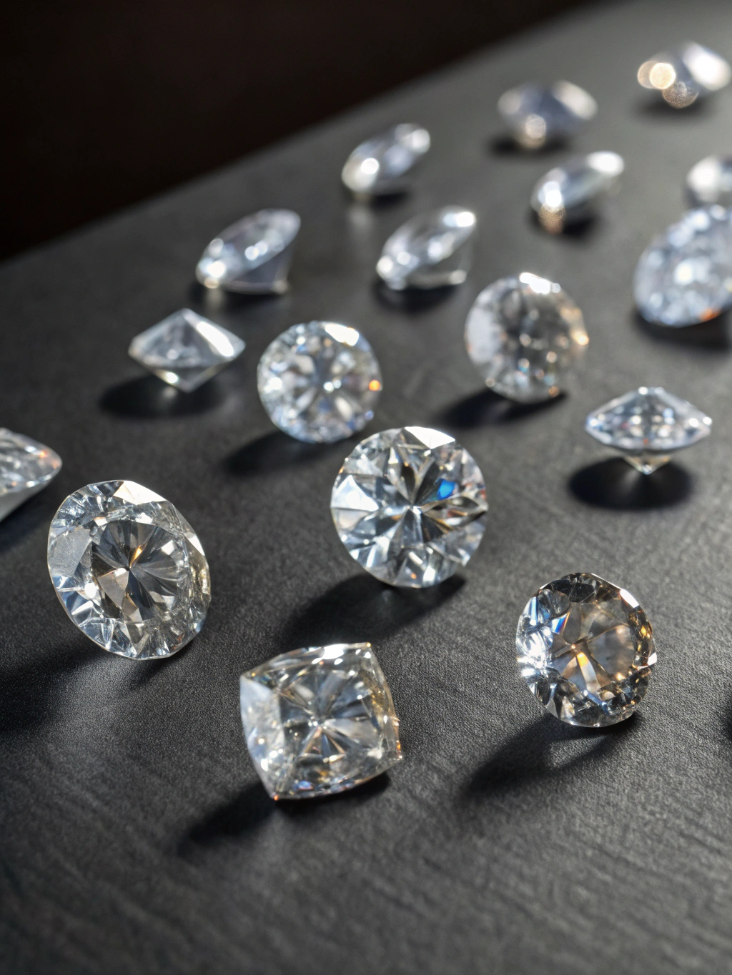 Loose certified brilliant-cut diamonds illuminated under gemologist loupe inspection
