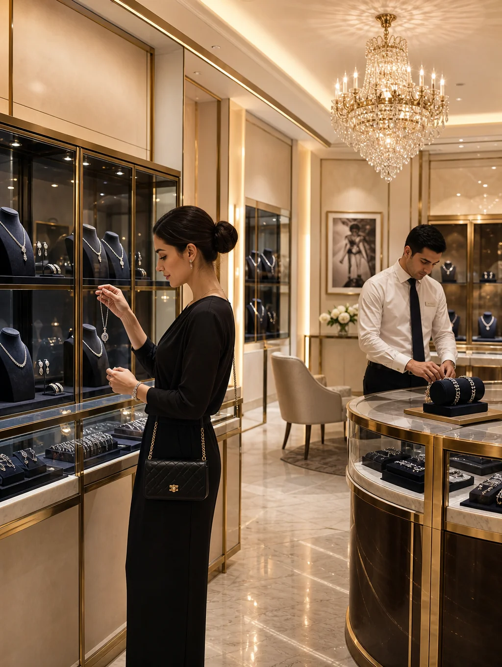 Intimate private jewelry salon with velvet presentation trays and champagne